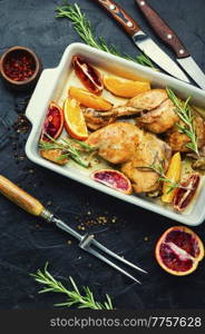 Delicious roasted chicken meat with citrus fruits. Baked chicken legs in a baking dish. Baked chicken legs with oranges