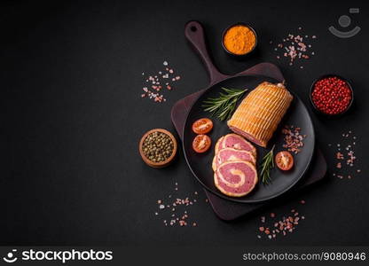 Delicious roll with meat, cheese, mushrooms, spices and herbs on a dark textured concrete background