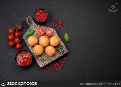 Delicious round balls of mozzarella and parmesan cheese with salt and breaded spices on a dark concrete background. Fast food, unhealthy food
