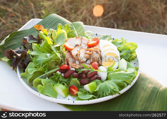 Delicious salad with chicken, red beans, green apple and boiled egg