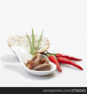 Delicious salted anchovies with oil on white background