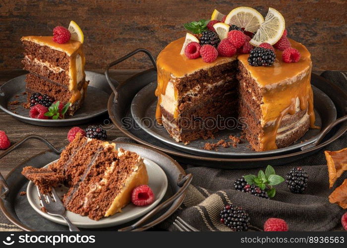 Delicious semi-naked chocolate cake with caramel topping and decorated with blackberries and raspberries. Dark background