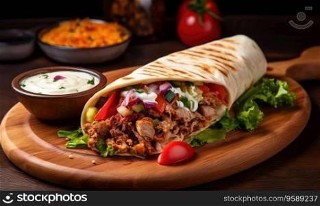 Delicious shawarma served on a wooden board in a rustic setting. Mouthwatering burrito with fresh ingredients. Created with generative AI tools. Delicious shawarma served on a wooden board in a rustic setting. Created by AI
