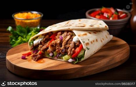 Delicious shawarma served on a wooden board in a rustic setting. Mouthwatering burrito with fresh ingredients. Created with generative AI tools. Delicious shawarma served on a wooden board in a rustic setting. Created by AI