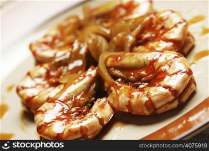 Delicious shrimps cooked with onion and worcestershire sauce