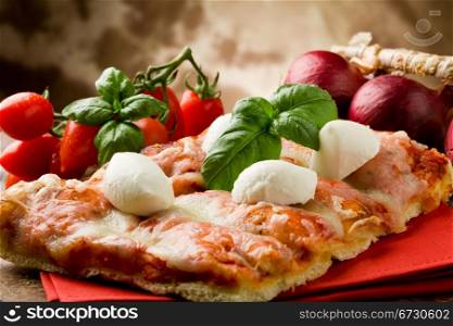delicious slice of pizza with buffalo mozzarella on wooden table