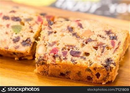 delicious sliced fruit cake with mixed fruit