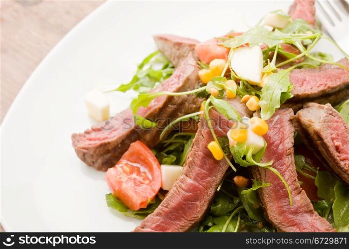 delicious slices of meat with rocket salad and toamtoes