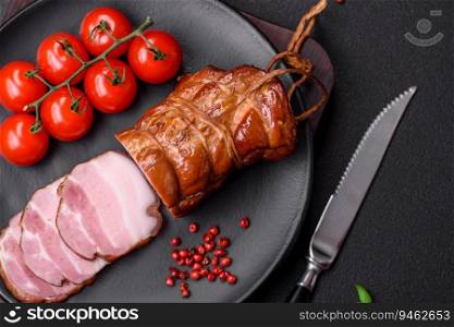 Delicious smoked bacon with salt, spices and herbs on a dark concrete background