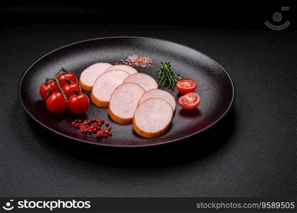 Delicious smoked chicken sausage with salt, spices and herbs on a dark concrete background