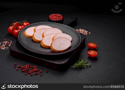 Delicious smoked chicken sausage with salt, spices and herbs on a dark concrete background