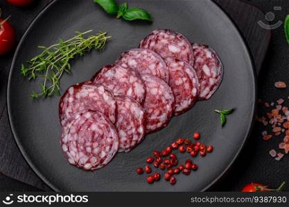Delicious smoked sausage with bacon, salt, spices and herbs cut into slices on a wooden cutting board