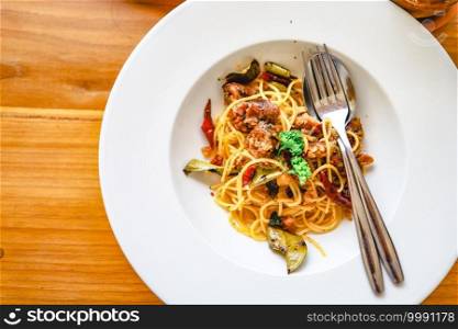 Delicious spaghetti food in restaurant. Fusion Food Tasty spaghetti pasta