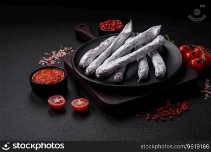Delicious Spanish smoked sausage fuet with salt and spices on a dark concrete background