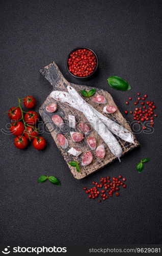 Delicious Spanish smoked sausage fuet with salt and spices on a dark concrete background