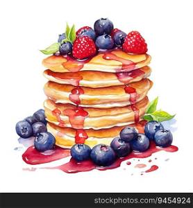 Delicious Stack of Pancakes with Syrup and Fresh Berries. AI generated image