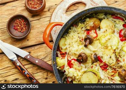 Delicious stewed vegetables in pan,healthy vegetarian food. Vegetarian vegetable stew