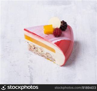 delicious strawberry cake on a white plate. sweets on white background