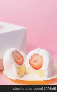 Delicious Strawberry Daifuku, Japanese rice cake with package box against pink background for food and bakery concept