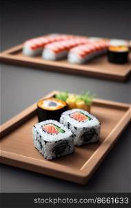 Delicious sushi on wooden plate for restaurant menu 3d illustrated