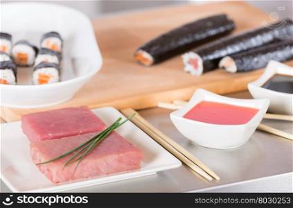 Delicious sushi prepared for a tasting at a restaurant