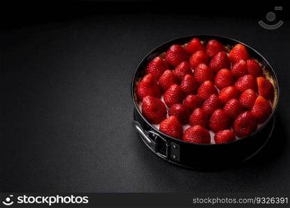 Delicious sweet cake or cheesecake with mascarpone cheese and strawberries on a dark concrete background