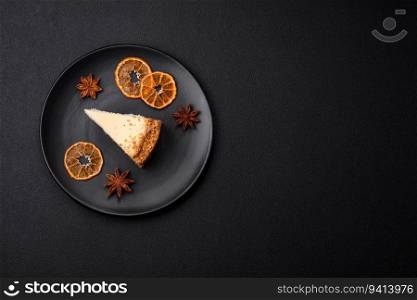 Delicious sweet cheesecake cake on textured concrete background. Delicious breakfast dessert