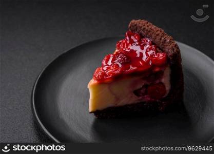 Delicious sweet cheesecake cake with mascarpone cheese, cherry berries and jam on a dark concrete background