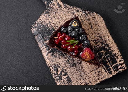 Delicious sweet chocolate brownie cake with blueberries, currants and raspberries on a ceramic plate