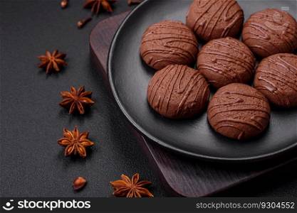 Delicious sweet chocolate cookies on a black ceramic plate on a dark concrete background