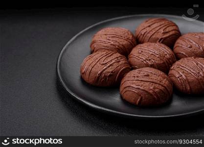 Delicious sweet chocolate cookies on a black ceramic plate on a dark concrete background