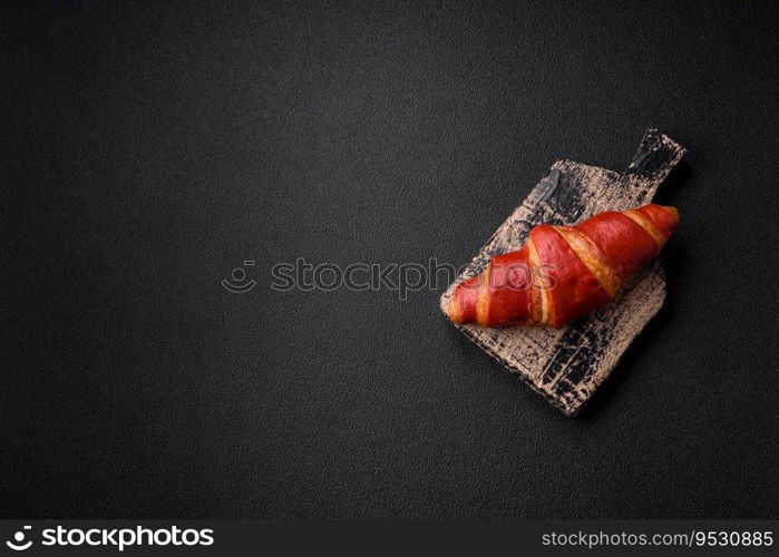 Delicious sweet crunchy red croissant with cream filling on dark textured concrete background