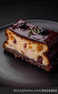 Delicious sweet dessert cheesecake with candied fruits in chocolate on a dark concrete background