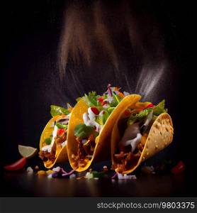 Delicious Tacos Fast Food on a Dark Background. AI Generative 