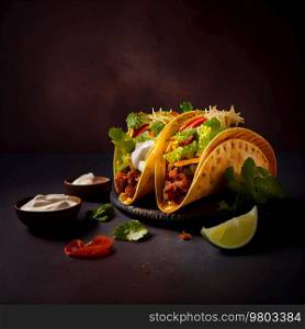 Delicious Tacos Fast Food on a Dark Background. AI Generative 