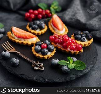 Delicious tartlets with fruit and cream mascaropne on black board