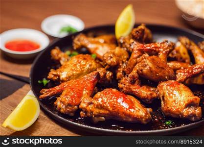 Delicious tasty chicken wings grilled with sauces