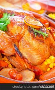 Delicious Thanksgiving turkey on festive table, traditional prepared poultry for American autumn holiday, family dinner at home