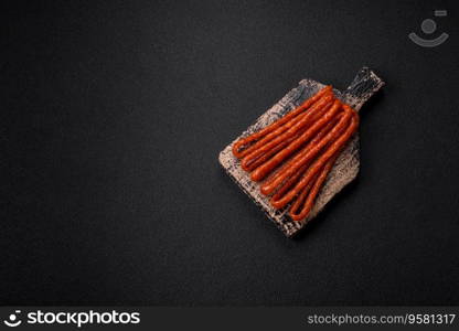 Delicious thin smoked hunting sausages with salt, spices and herbs on a dark concrete background