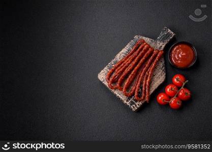 Delicious thin smoked hunting sausages with salt, spices and herbs on a dark concrete background