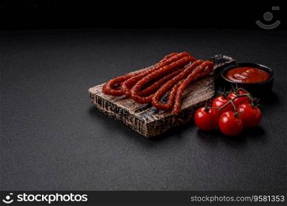 Delicious thin smoked hunting sausages with salt, spices and herbs on a dark concrete background