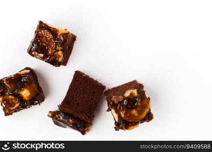 Delicious toffee cake on white background for bakery, food and eating concept