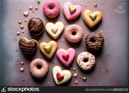 Delicious Valentines Day heart shaped cookies and donuts. Handmade pastries made with love. Generative AI.