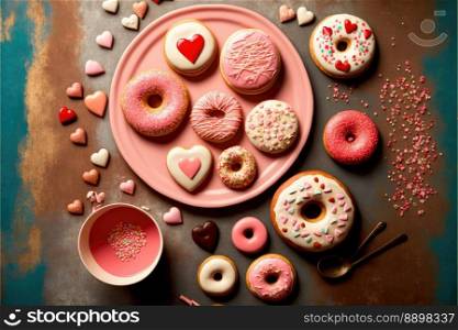 Delicious Valentines Day heart shaped cookies and donuts. Handmade pastries made with love. Generative AI.