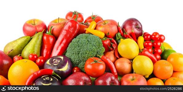 Delicious vegetables and fruits isolated on white background.