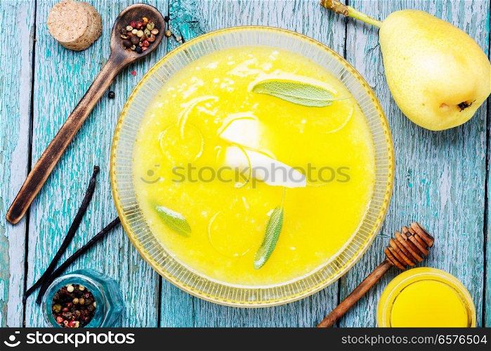 Delicious vegetarian cream soup with autumn pears.Autumn soup. Pear cream soup
