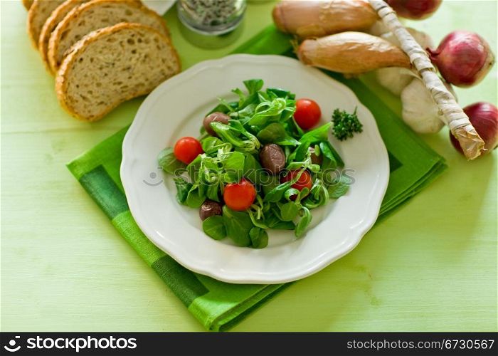 delicious vegetarian salad on green wooden table illuminated by day light