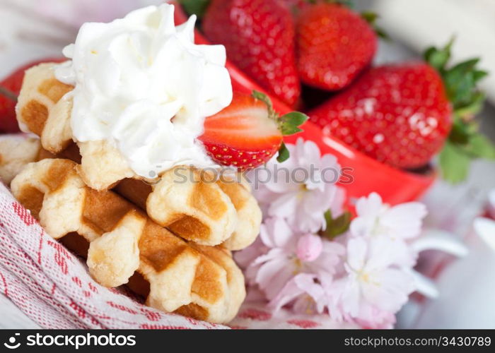 Delicious waffle with whipped cream and strawberries