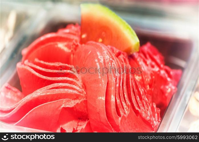 Delicious watermelon red ice cream gelato in a box. Soft focus