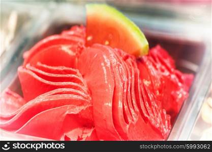 Delicious watermelon red ice cream gelato in a box. Soft focus